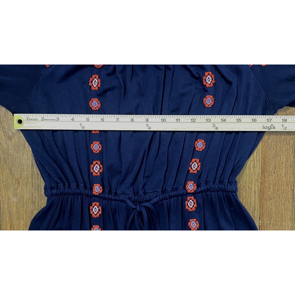 Womens Embroidered Dress Size Small Navy Blue Boho Floral Folk Hippie Waist Tie - Picture 8 of 11